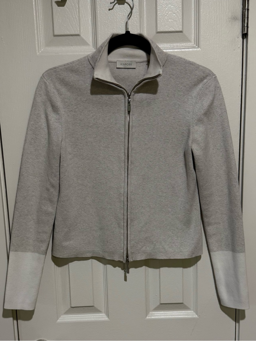 Kinross Luxury Cotton Knit Full Zip Sweater Gray White mock neck